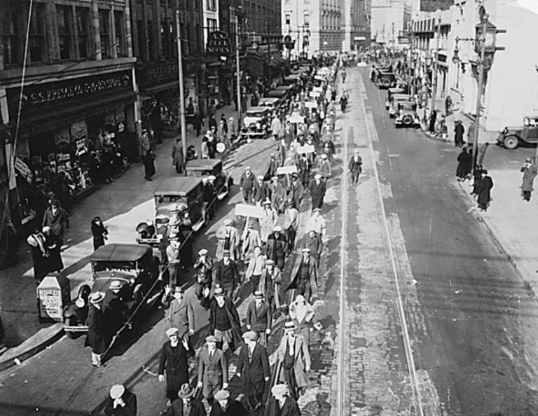 Unemployed workers march in Trenton, New Jersey, 1936.