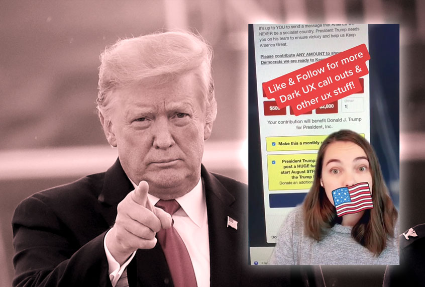 Donald Trump | Still from Mary Formanek's video highlighting the dark UX elements of Donald Trump's campaign website (Photo illustration by Salon/Getty Images/Tiktok/@uxwithmary)