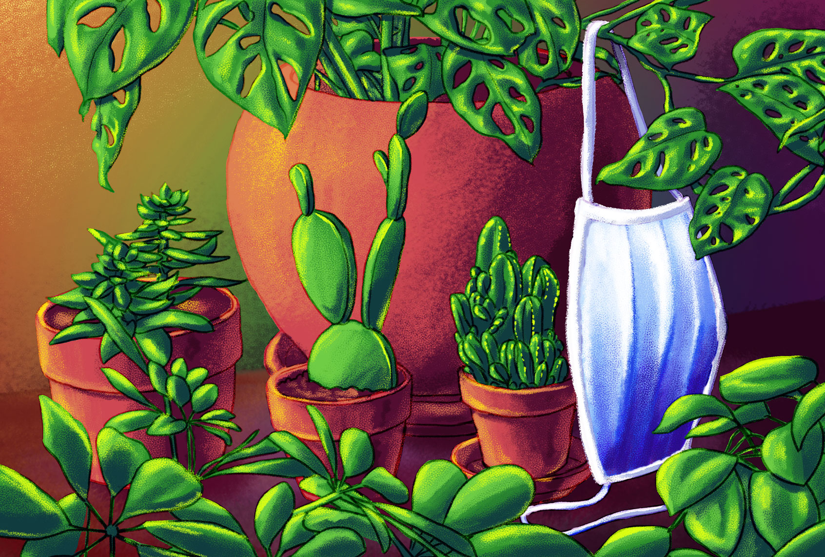House plants, with a medical mask hanging off the stem (Illustration by Ilana Lidagoster/Salon)