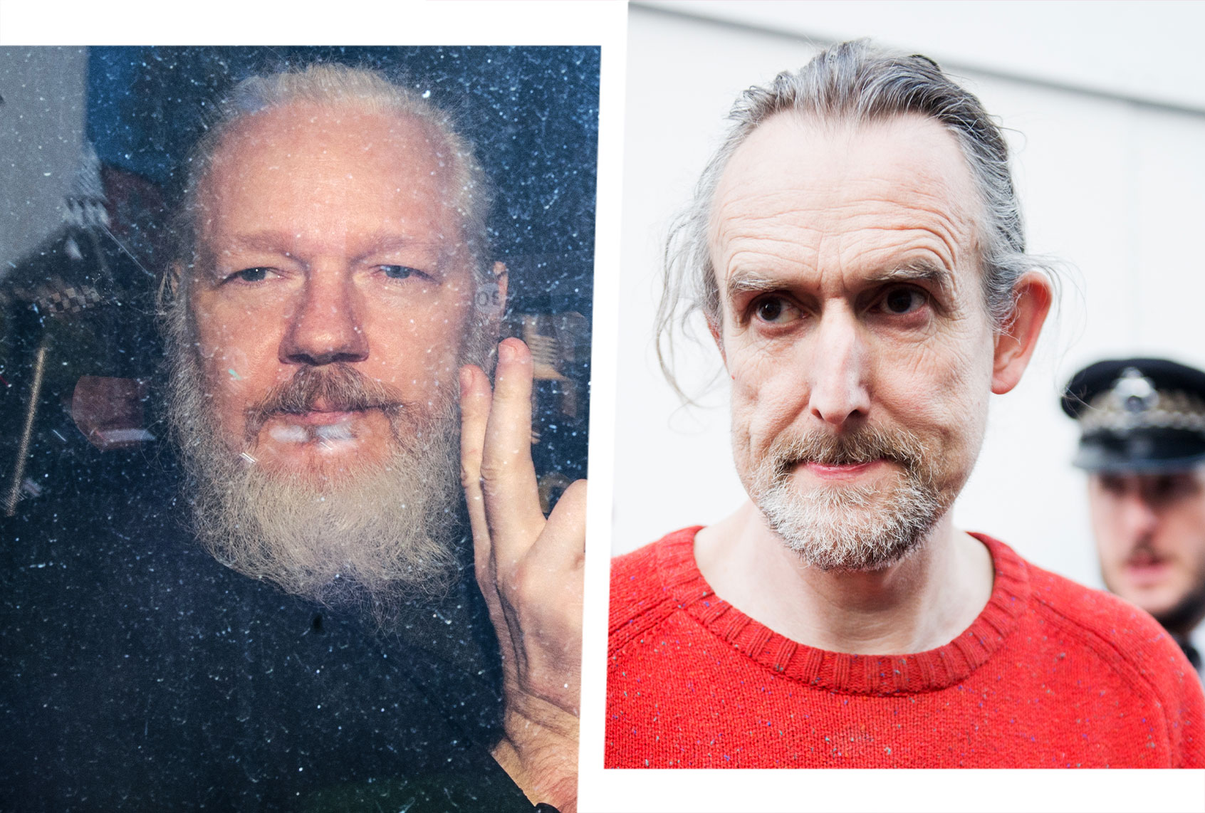 Julian Assange gestures to the media from a police vehicle on his arrival at Westminster Magistrates court on April 11, 2019 in London, England. | Extinction Rebellion environmental activist organizer Roger Hallam talks to Police as protesters try to stop police from removing their boat on April 19, 2019 in London, England. (Photo illustration by Salon/Getty Images)