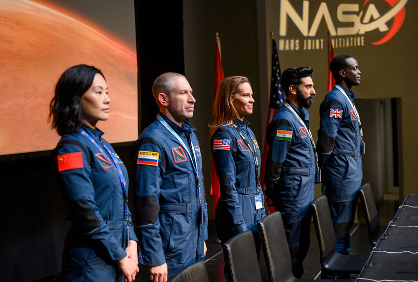 Vivian Wu, Mark Ivanir, Hilary Swank, Ray Panthaki, and Ato Essandoh in "Away" (Netflix)