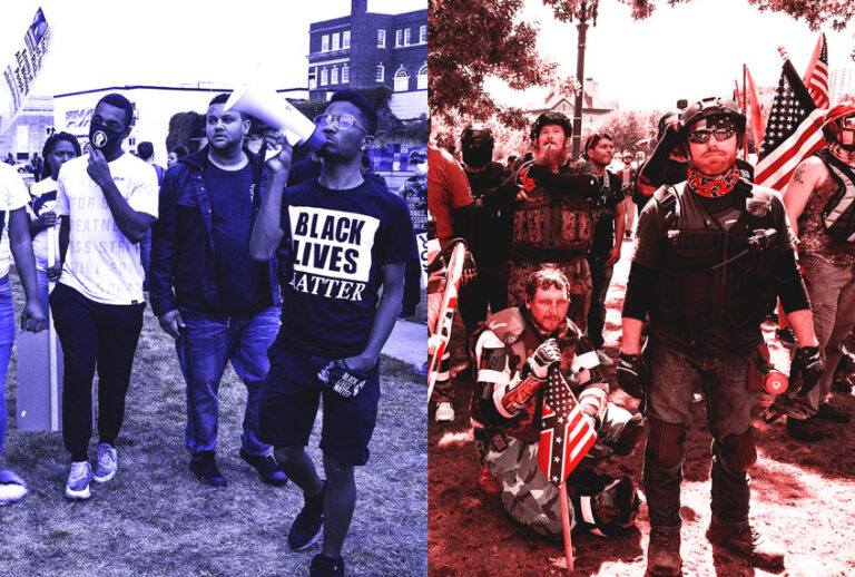 Black Lives Matter protest outside of the Kenosha County Courthouse in Kenosha, Wisconsin. | Far right protesters march in Tom McCall Waterfront Park as part of the Patriot Prayer Rally. (Photo illustration by Salon/Getty Images)