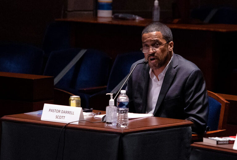 Darrell Scott, senior pastor for the New Spirit Revival Center testifies at a House Judiciary Committee hearing on "Policing Practices and Law Enforcement Accountability", on Capitol Hill, on June 10, 2020 in Washington, DC. The hearing comes after the death of George Floyd while in the custody of officers of the Minneapolis Police Department. (Graeme Jennings - Pool/Getty Images)