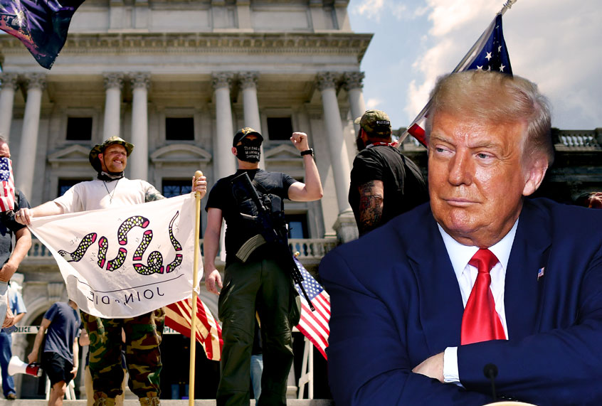 Donald Trump | Trump supporters and a man with an assault rifle join demonstrators outside the Pennsylvania Capitol Building to protest the continued closure of businesses due to the coronavirus pandemic on May 15, 2020 in Harrisburg, Pennsylvania. (Photo illustration by Salon/Getty Images)