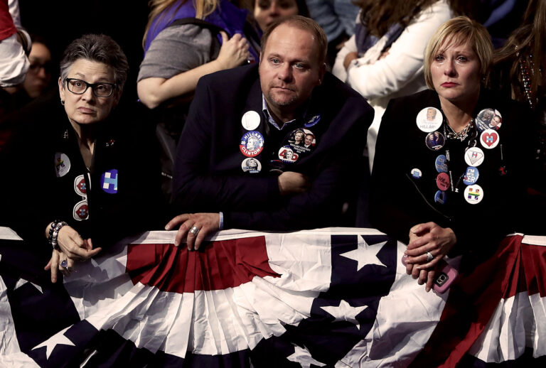 People watch the voting results at Democratic presidential nominee former Secretary of State Hillary Clinton's election night event at the Jacob K. Javits Convention Center November 9, 2016 in New York City. (Elsa/Getty Images)