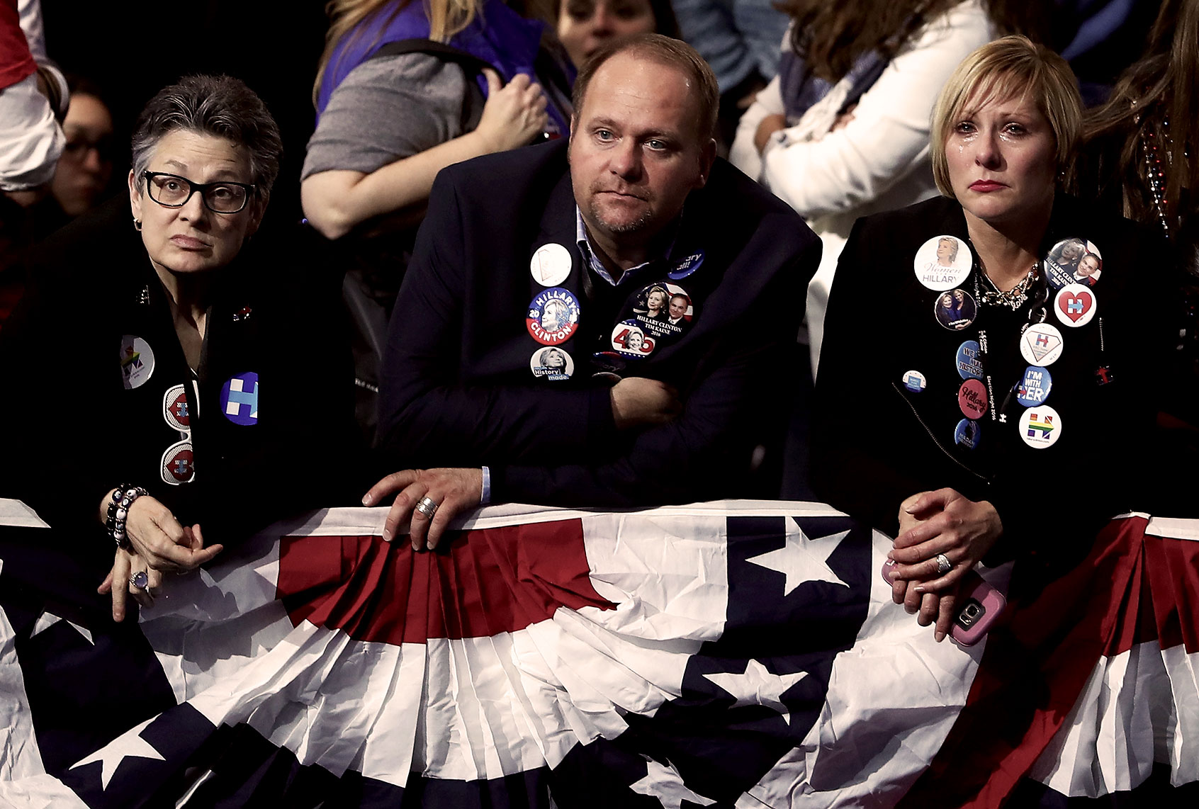 People watch the voting results at Democratic presidential nominee former Secretary of State Hillary Clinton's election night event at the Jacob K. Javits Convention Center November 9, 2016 in New York City. (Elsa/Getty Images)