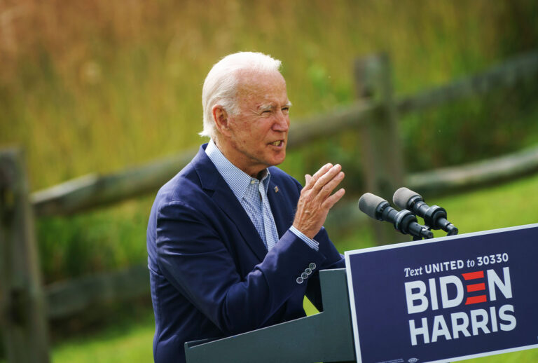 Democratic presidential nominee Joe Biden speaks about climate change and the wildfires on the West Coast at the Delaware Museum of Natural History on September 14, 2020 in Wilmington, Delaware. Biden has scheduled campaign stops in Florida, Pennsylvania and Minnesota later this week. (Drew Angerer/Getty Images)