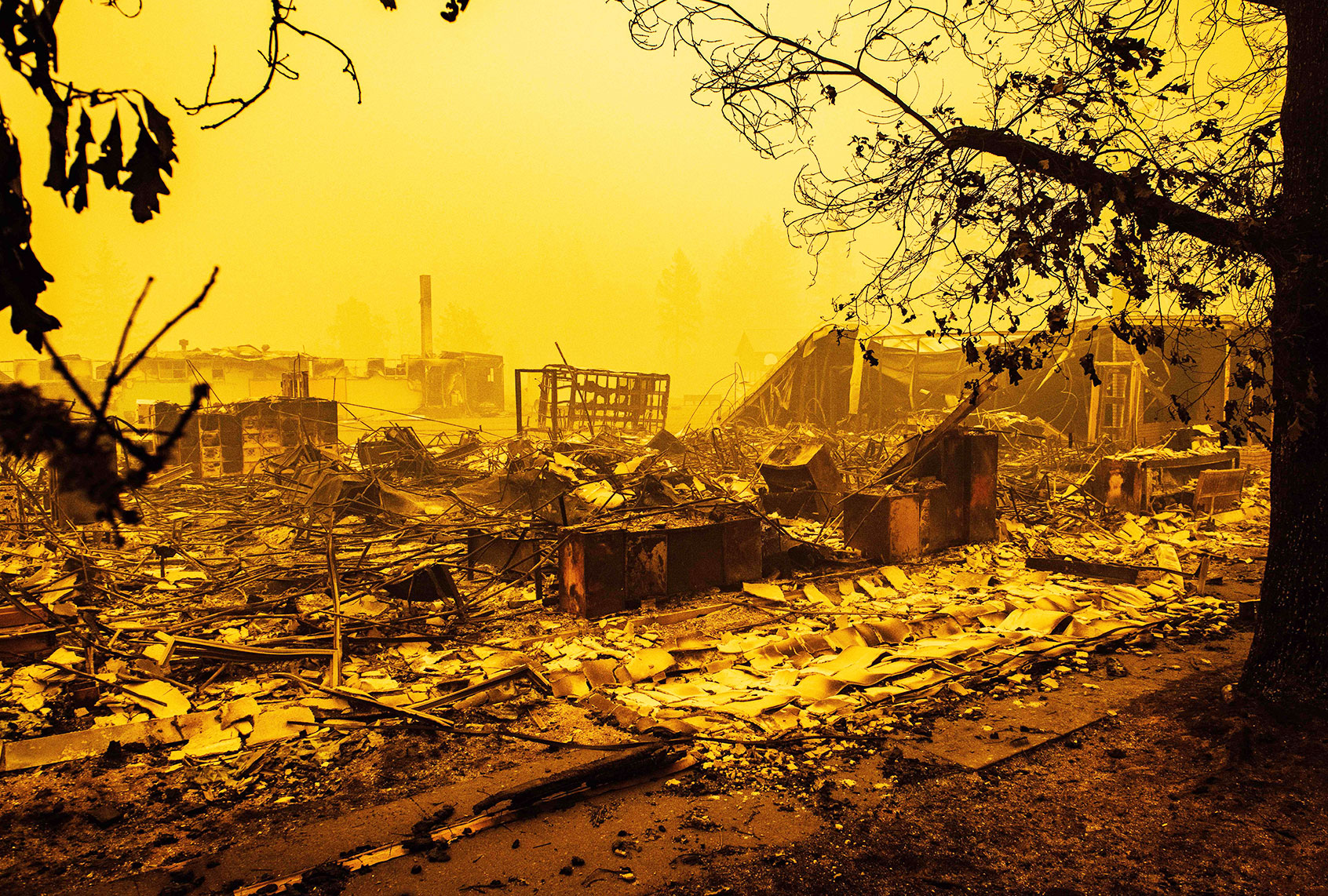 The charred remains of the Gates Elementary School, which was being used as a staging ground by firefighters, are seen after the passage of the Santiam Fire in Gates, Oregon, on September 10, 2020. (KATHRYN ELSESSER/AFP via Getty Images)