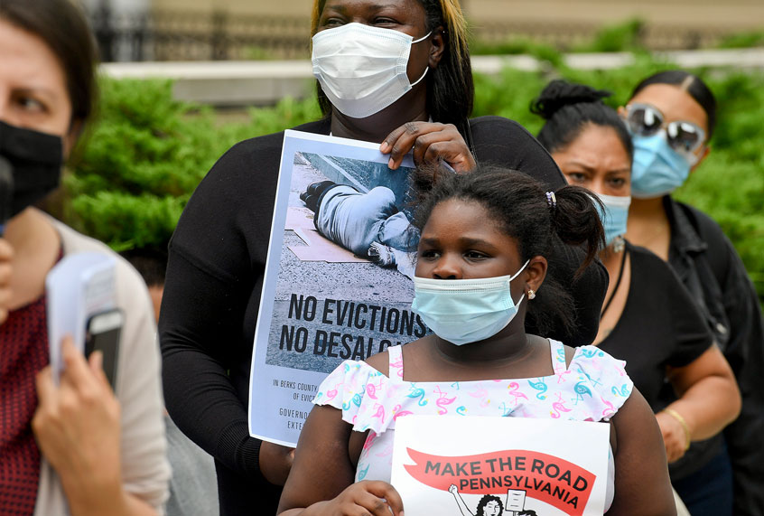 During a protest organized by Make the Road Pennsylvania outside the Berks County Services Building in Reading, PA Tuesday afternoon September 1, 2020 to call for Gov. Wolf and the State Legislature to extend the eviction moratorium in Pennsylvania indefinitely. The group is concerned about the risk of eviction to people affected by the economic downturn resulting from the ongoing COVID-19 / Coronavirus pandemic. (Ben Hasty/MediaNews Group/Reading Eagle via Getty Images)
