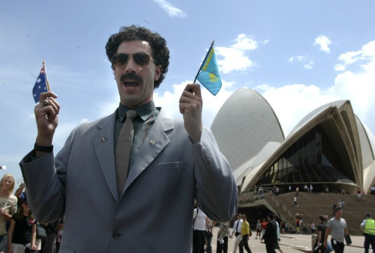 Sacha Baron Cohen as alter ego Borat outside the Sydney Opera House in 2006 before the premiere of "Borat: Cultural Learnings of America For Make Benefit Glorious Nation of Kazakhstan" (Getty Images/Fairfax Media)