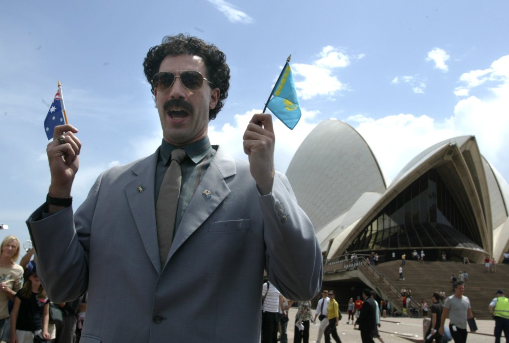 Sacha Baron Cohen as alter ego Borat outside the Sydney Opera House in 2006 before the premiere of "Borat: Cultural Learnings of America For Make Benefit Glorious Nation of Kazakhstan" (Getty Images/Fairfax Media)