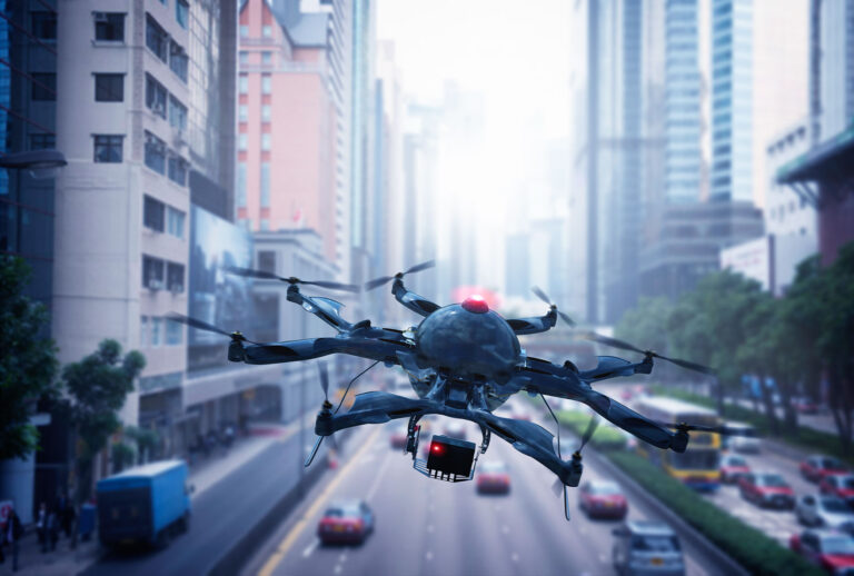 Drone flying over a cityscape (Getty Images)