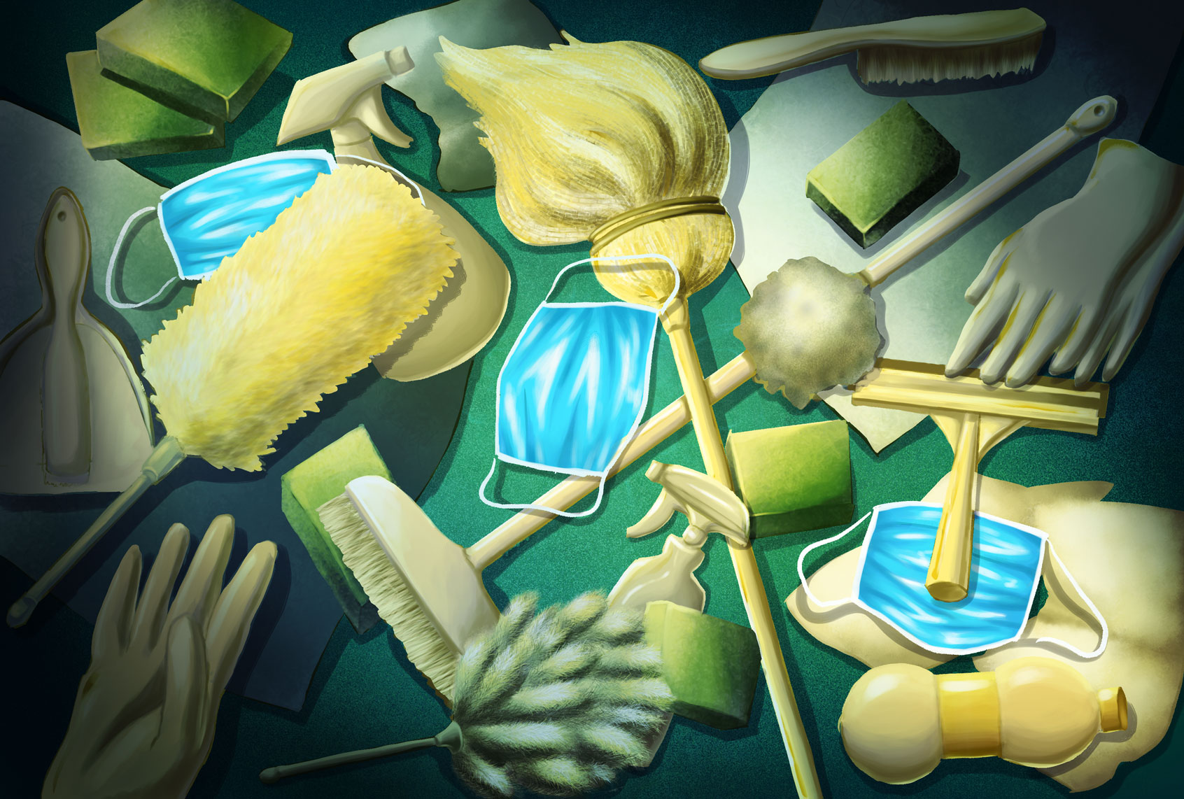 Cleaning supplies and medical face masks (Illustration by Ilana Lidagoster/Salon)