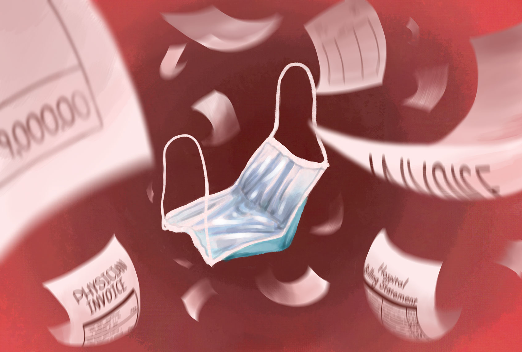 Medical face mask surrounded by hospital bills (Illustration by Ilana Lidagoster/Salon)