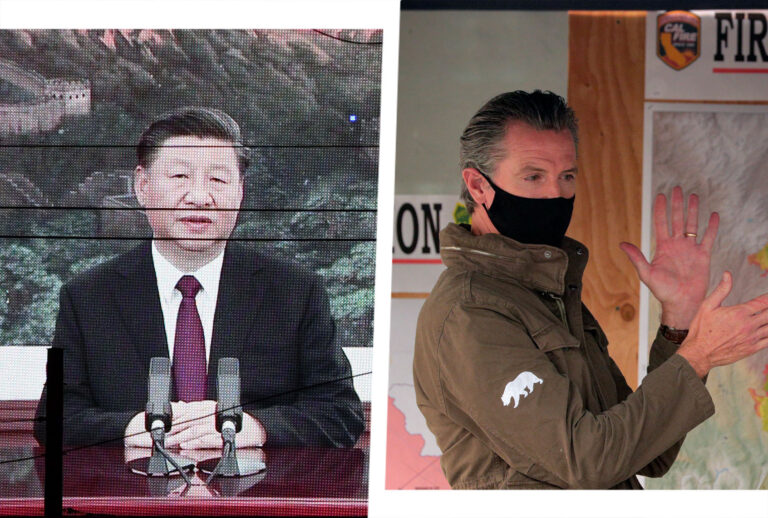 Chinese President Xi Jinping appearing by video link at the United Nations 75th anniversary | Gov. Gavin Newsom reviewing the devastation of the Creek fire in Pineridge, Calif., on Tuesday, September 15, 2020 (Photo illustration by Salon/Getty Images)