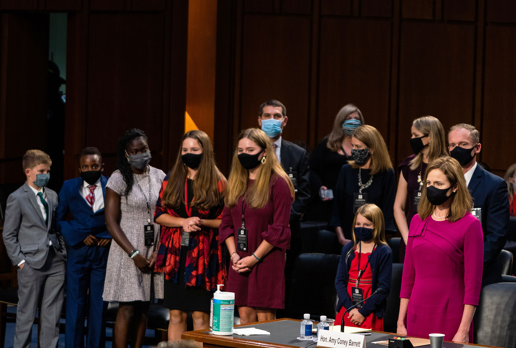 Supreme Court nominee Judge Amy Coney Barrett before the Senate Judiciary Committee on the first day of her Supreme Court confirmation hearing on Capitol Hill on October 12, 2020 in Washington, DC, with her husband and seven children alongside her. (Demetrius Freeman - Pool/Getty Images)