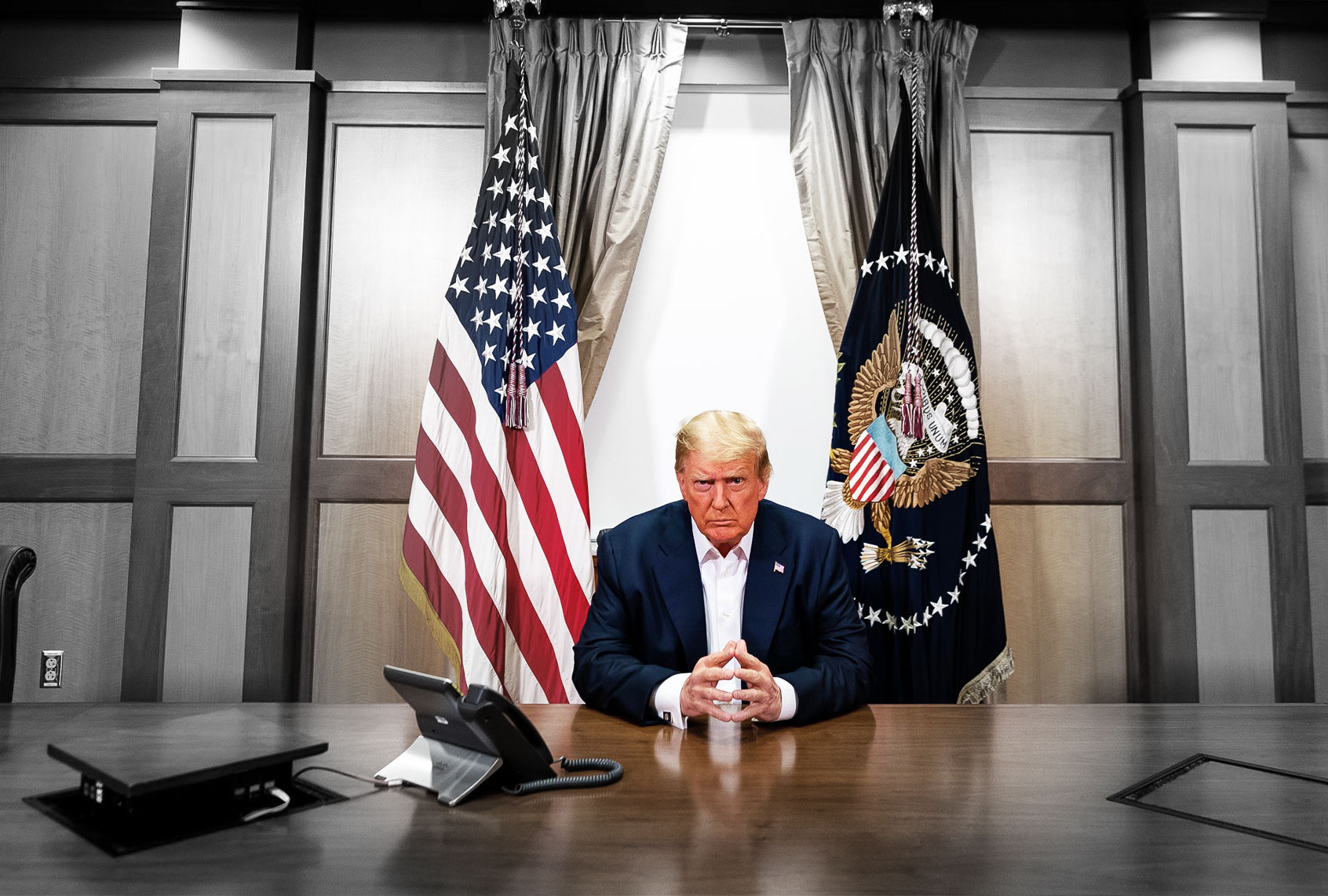 In this handout provided by The White House, President Donald Trump participates in a phone call with Vice President Mike Pence, Secretary of State Mike Pompeo, and Chairman of the Joint Chiefs of Staff Gen. Mark Milley in his conference room at Walter Reed National Military Medical Center on October 4, 2020 in Bethesda, Maryland. (Photo edit by Salon/The White House/Getty Images)