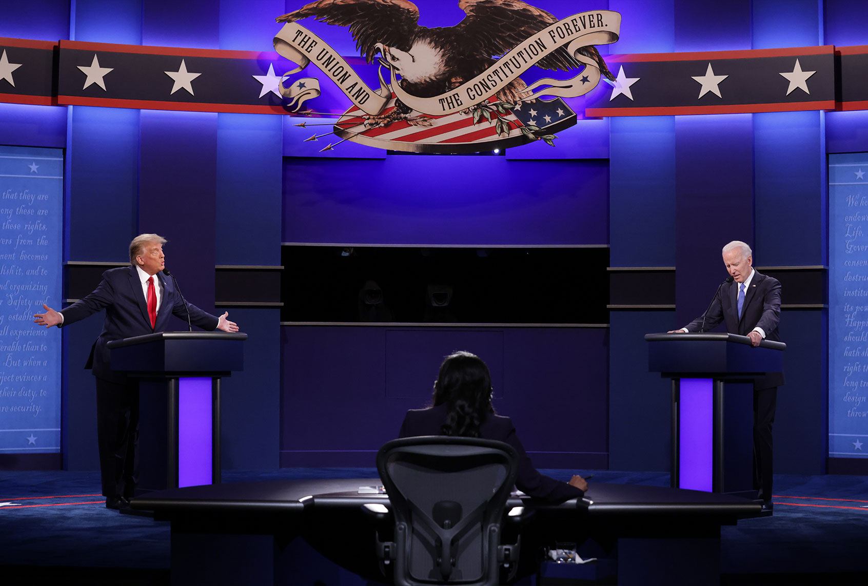 U.S. President Donald Trump and Democratic presidential nominee Joe Biden participate in the final presidential debate at Belmont University on October 22, 2020 in Nashville, Tennessee. This is the last debate between the two candidates before the election on November 3. (Chip Somodevilla/Getty Images)