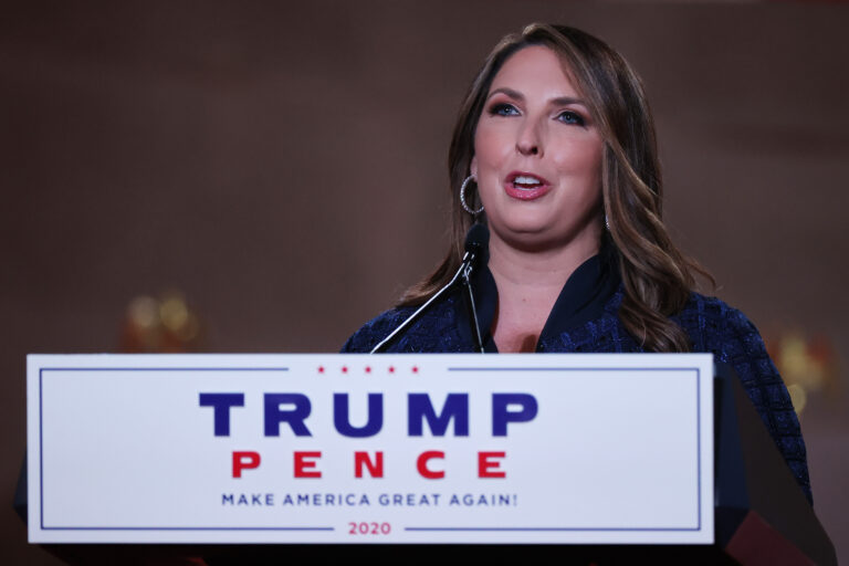 WASHINGTON, DC - AUGUST 24: Chair of the Republican National Committee Ronna McDaniel stands on stage in an empty Mellon Auditorium while addressing the Republican National Convention at the Mellon Auditorium on August 24, 2020 in Washington, DC. (Photo by Chip Somodevilla/Getty Images)