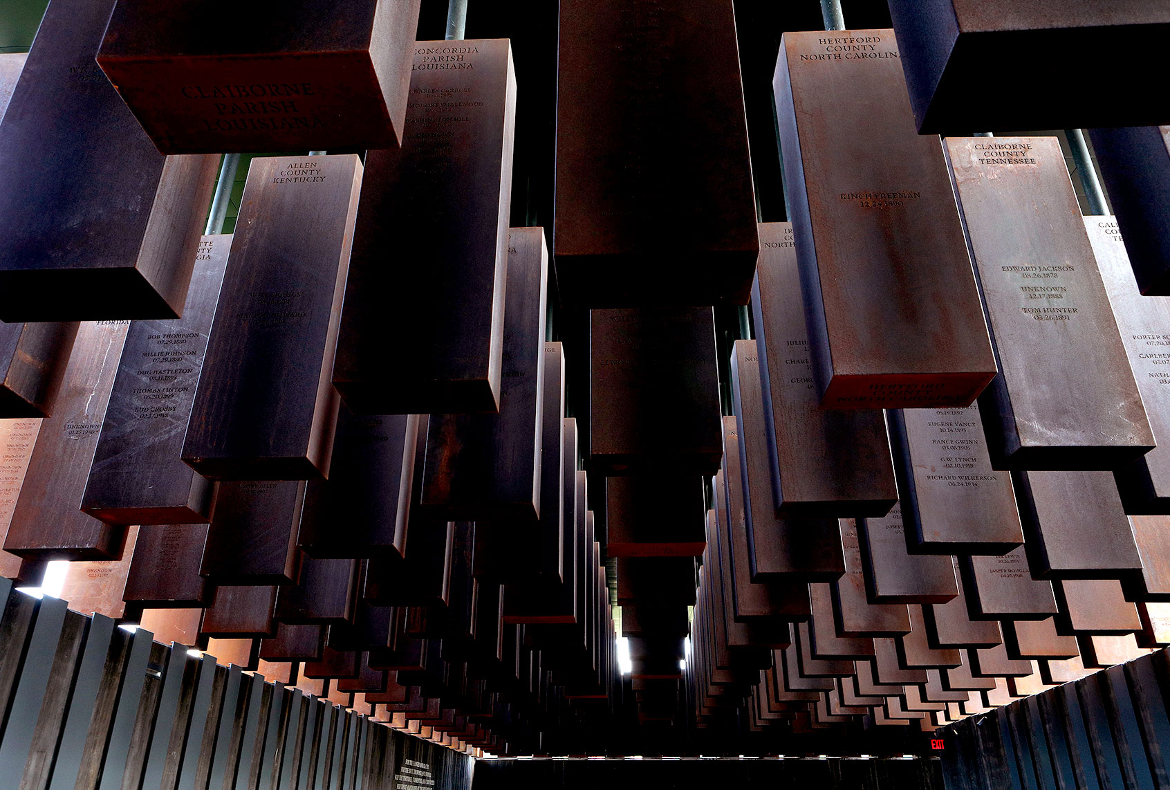 Over 800 corten-steel monuments, one for each county in the United States where a racial terror lynching took place with the names of the lynching victims engraved on the columns are on display at The National Memorial For Peace And Justice, the nations first memorial dedicated to the legacy of enslaved black people and people terrorized by lynching in Montgomery, Alabama on July 6, 2018. (Raymond Boyd/Getty Images)