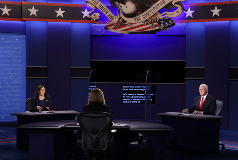 Democratic vice presidential nominee Sen. Kamala Harris (D-CA) and U.S. Vice President Mike Pence participate in the vice presidential debate at the University of Utah on October 7, 2020 in Salt Lake City, Utah. The vice presidential candidates only meet once to debate before the general election on November 3. (Alex Wong/Getty Images)