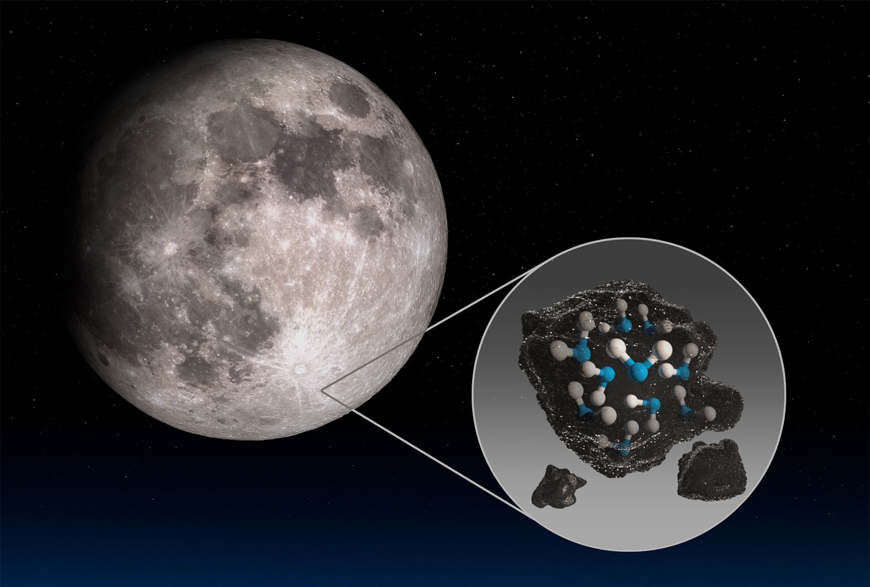 This illustration highlights the Moon’s Clavius Crater with an illustration depicting water trapped in the lunar soil there, along with an image of NASA’s Stratospheric Observatory for Infrared Astronomy (SOFIA) that found sunlit lunar water. (NASA/Daniel Rutter)