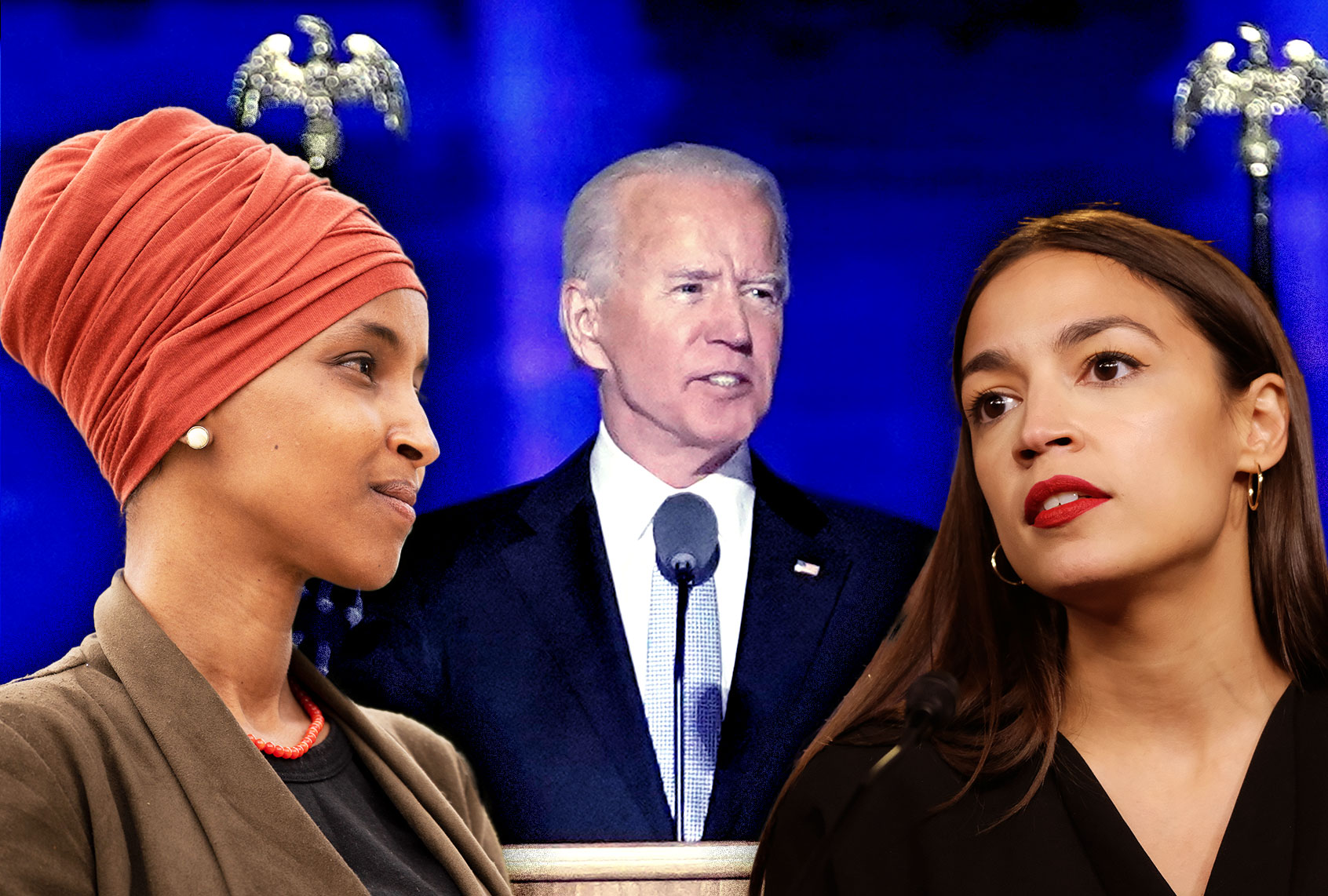 Joe BIden, Ilhan Omar and Alexandria Ocasio-Cortez (Photo illustration by Salon/Getty Images)