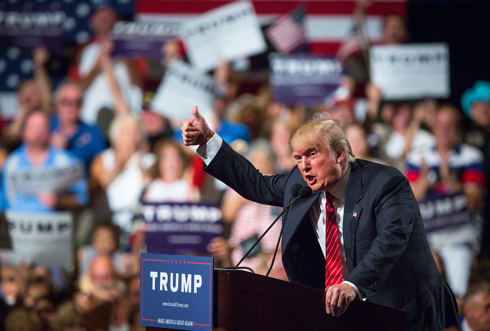 Republican Presidential candidate Donald Trump addresses supporters during a political rally at the Phoenix Convention Center on July 11, 2015 in Phoenix, Arizona. (Charlie Leight/Getty Images)