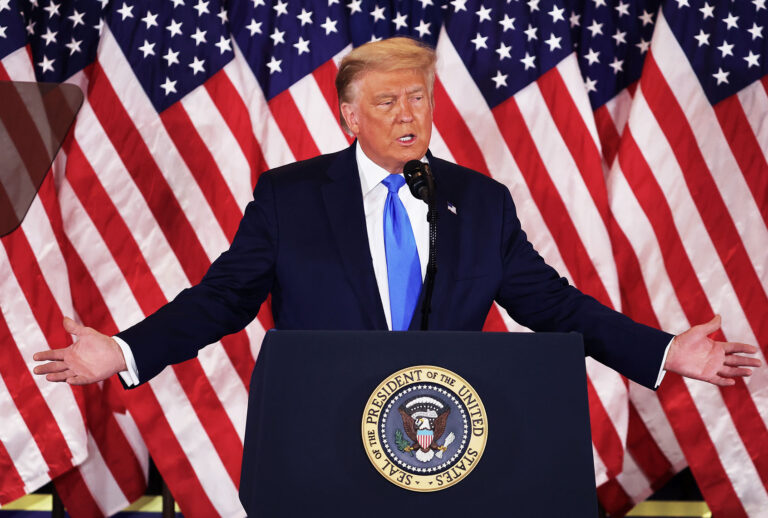 U.S. President Donald Trump speaks on election night in the East Room of the White House in the early morning hours of November 04, 2020 in Washington, DC. Trump spoke shortly after 2am with the presidential race against Democratic presidential nominee Joe Biden still too close to call. (Chip Somodevilla/Getty Images)