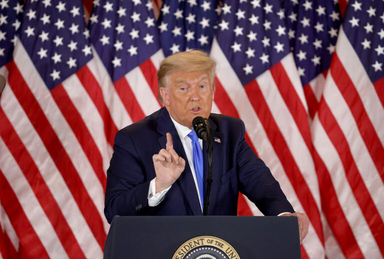 U.S. President Donald Trump speaks on election night in the East Room of the White House in the early morning hours of November 04, 2020 in Washington, DC. Trump spoke shortly after 2am with the presidential race against Democratic presidential nominee Joe Biden still too close to call. (Chip Somodevilla/Getty Images)