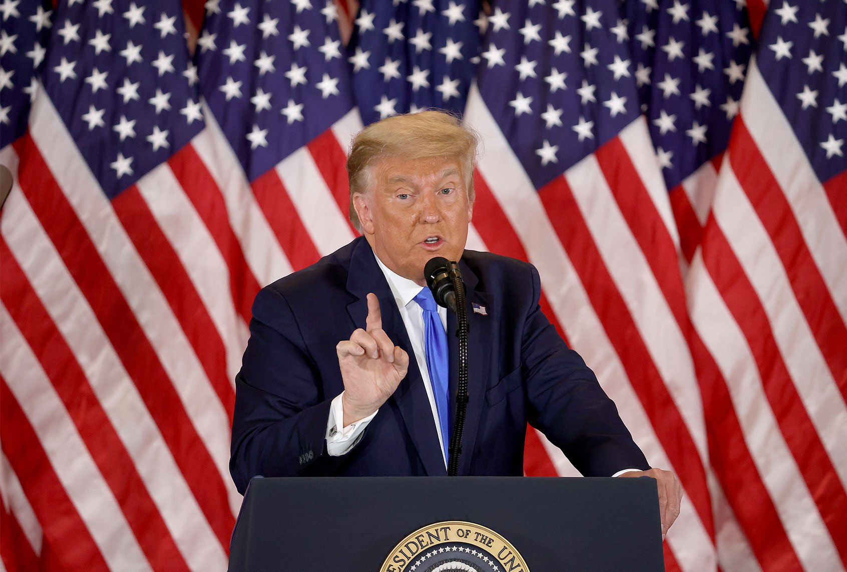 U.S. President Donald Trump speaks on election night in the East Room of the White House in the early morning hours of November 04, 2020 in Washington, DC. Trump spoke shortly after 2am with the presidential race against Democratic presidential nominee Joe Biden still too close to call. (Chip Somodevilla/Getty Images)