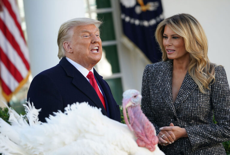 US President Donald Trump speaks after pardoning Thanksgiving turkey "Corn" as First Lady Melania Trump watches in the Rose Garden of the White House in Washington, DC on November 24, 2020. (MANDEL NGAN/AFP via Getty Images)