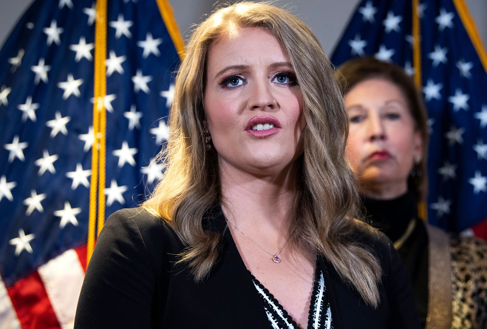 Jenna Ellis and Sidney Powell, attorneys for President Donald Trump, conduct a news conference at the Republican National Committee on lawsuits regarding the outcome of the 2020 presidential election on Thursday, November 19, 2020. (Tom Williams/CQ-Roll Call, Inc via Getty Images)