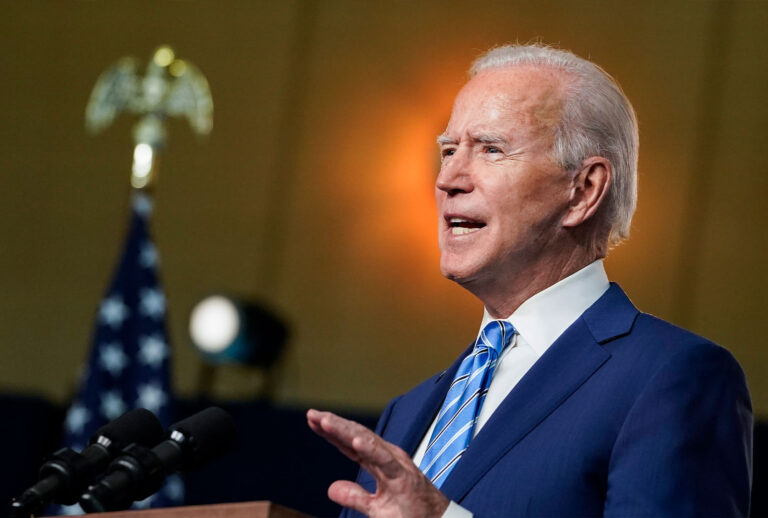 Democratic presidential nominee Joe Biden speaks the day after Americans voted in the presidential election Day on November 04, 2020 in Wilmington, Delaware. Biden spoke as votes are still being counted in his tight race against incumbent U.S. President Donald Trump which remains too close to call. (Drew Angerer/Getty Images)