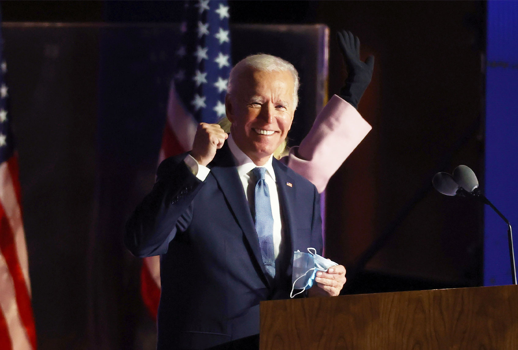 Democratic presidential nominee Joe Biden speaks at a drive-in election night event at the Chase Center in the early morning hours of November 04, 2020 in Wilmington, Delaware. (Tasos Katopodis/Getty Images)