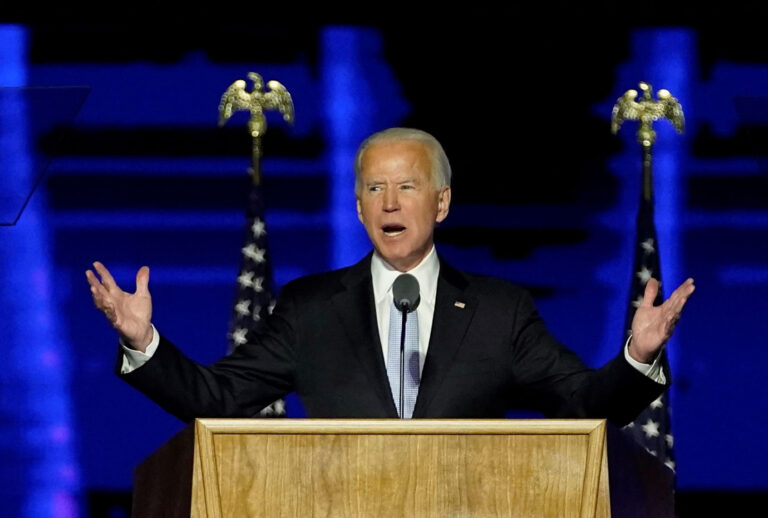 President-elect Joe Biden addresses the nation from the Chase Center November 07, 2020 in Wilmington, Delaware. After four days of counting the high volume of mail-in ballots in key battleground states due to the coronavirus pandemic, the race was called for Biden after a contentious election battle against incumbent Republican President Donald Trump. (Andrew Harnik-Pool/Getty Images)