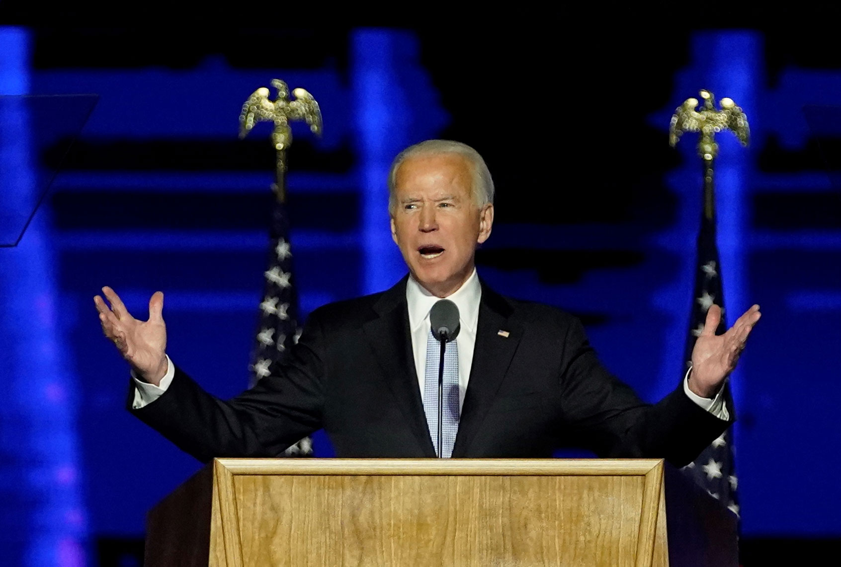 President-elect Joe Biden addresses the nation from the Chase Center November 07, 2020 in Wilmington, Delaware. After four days of counting the high volume of mail-in ballots in key battleground states due to the coronavirus pandemic, the race was called for Biden after a contentious election battle against incumbent Republican President Donald Trump. (Andrew Harnik-Pool/Getty Images)