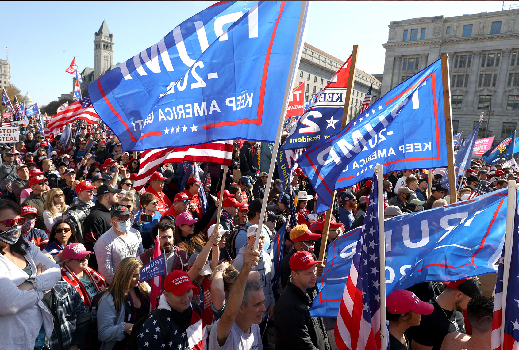 People participate in the “Million MAGA March” from Freedom Plaza to the Supreme Court, on November 14, 2020 in Washington, DC. Supporters of U.S. President Donald Trump marching to protest the outcome of the 2020 presidential election. (Tasos Katopodis/Getty Images)