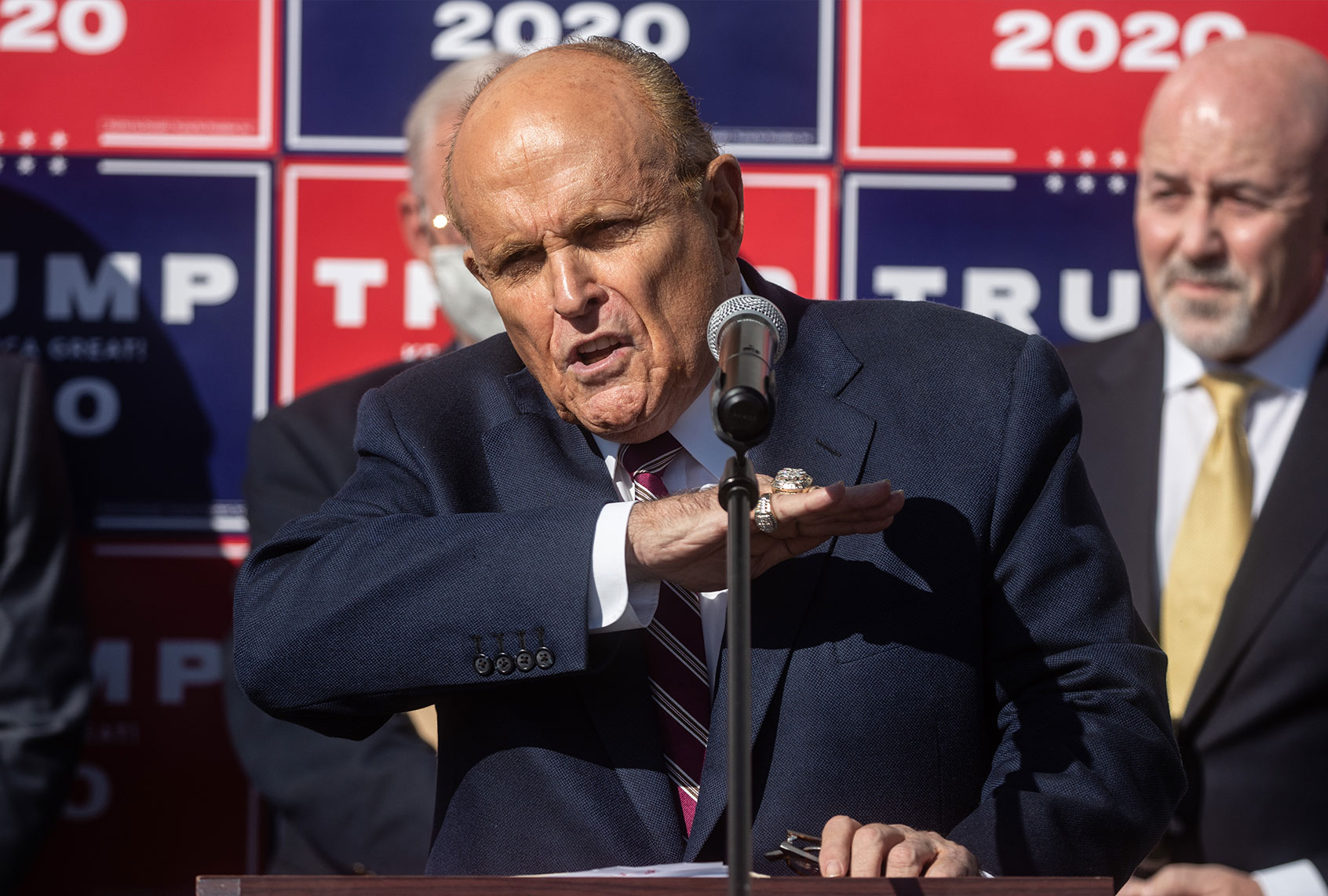 Attorney for the President, Rudy Giuliani speaks to the media at a press conference held in the back parking lot of Four Seasons Total Landscaping on November 7, 2020 in Philadelphia, Pennsylvania. The press conference took place just minutes after news networks announced that Joe Biden had won the presidency over Donald Trump after it was projected that he had won the state of Pennsylvania. (Chris McGrath/Getty Images)