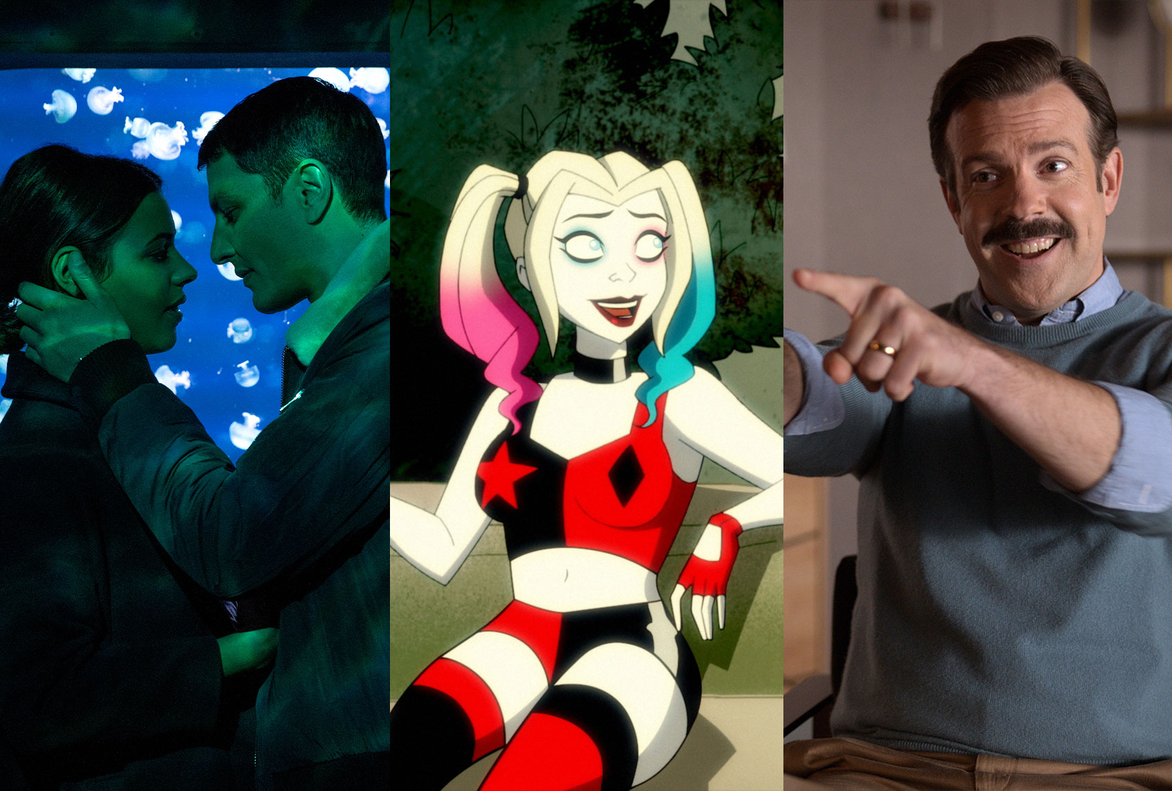 Zita Hanrot and Marc Ruchmann in "The Hookup Plan," "Harley Quinn," and Jason Sudeikis in "Ted Lasso" (Netflix/DC Universe/Apple TV+)
