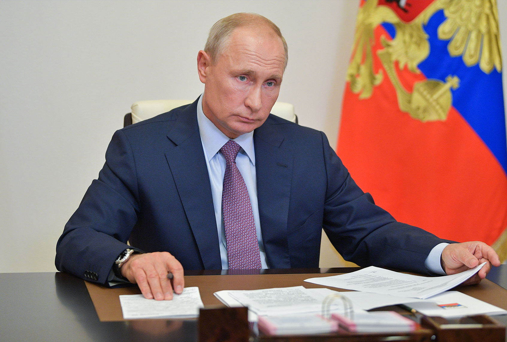 Russia's President Vladimir Putin holds a video conference meeting of the Pobeda [Victory] Russian Organizing Committee at Novo-Ogaryovo residence. (Alexei DruzhininTASS via Getty Images)