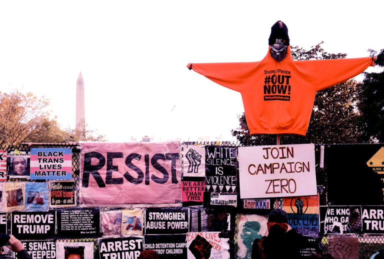 People gather at the Black Lives Matter Plaza to protest for and against U.S. President Donald Trump's re-election on November 3, 2020 in Washington, DC. After a record-breaking early voting turnout, Americans head to the polls on the last day to cast their vote for incumbent U.S. President Donald Trump or Democratic nominee Joe Biden in the 2020 presidential election. (Eze Amos/Getty Images)