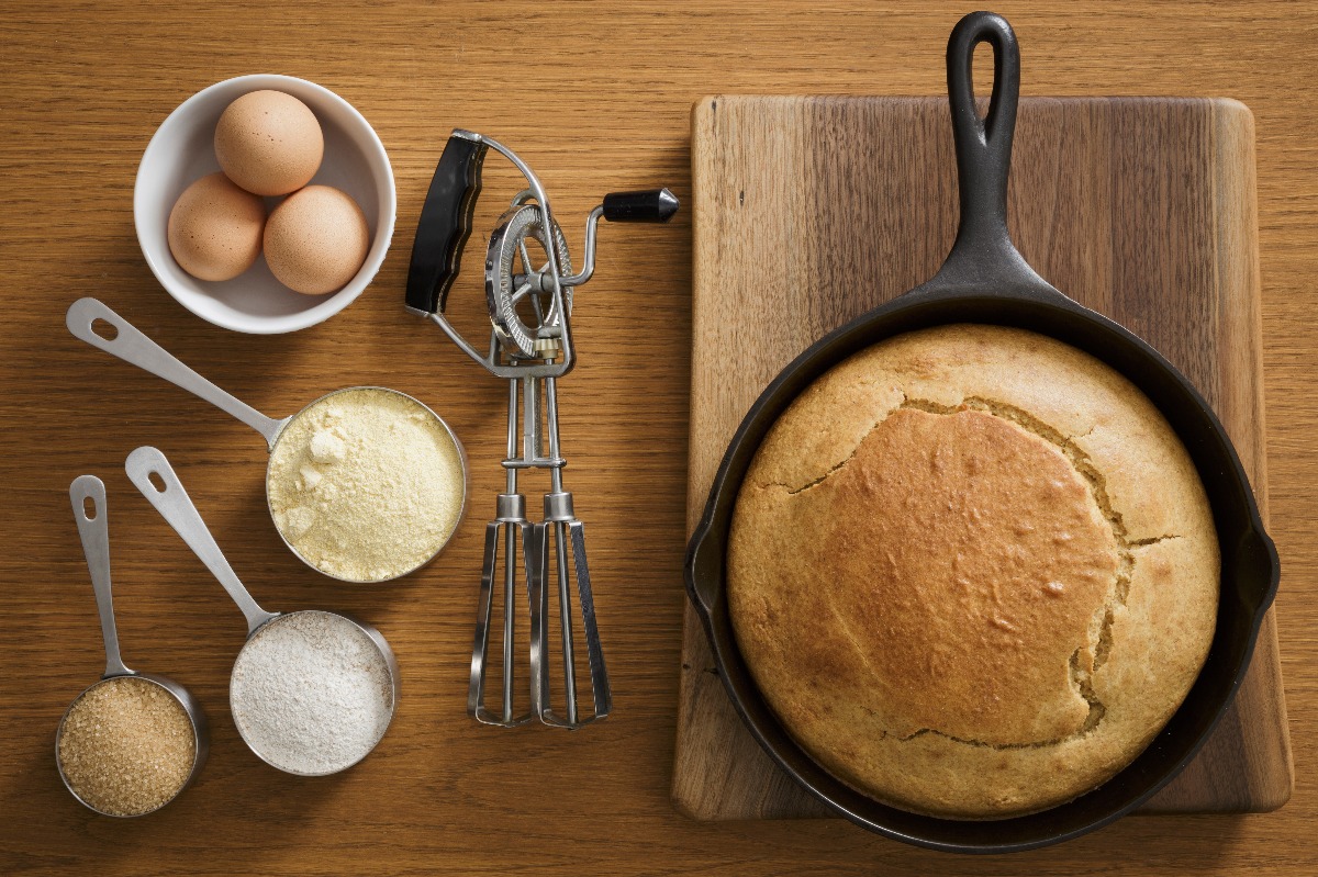 Cornbread in a cast iron pan with ingredients. (Getty Images)