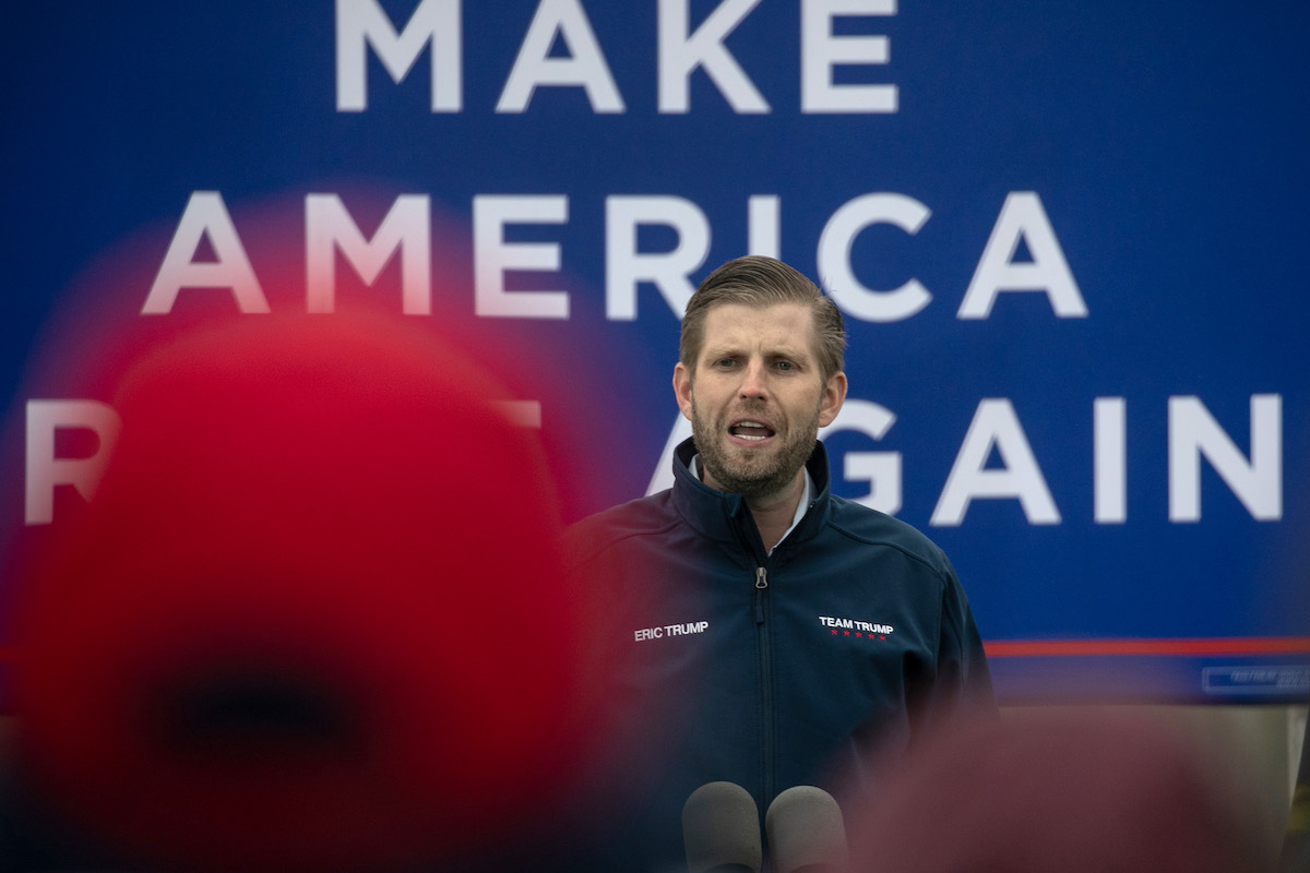 President Donald Trump's son Eric Trump addresses supporters at a rally on October 29, 2020 in Lansing, Michigan. (John Moore/Getty Images)