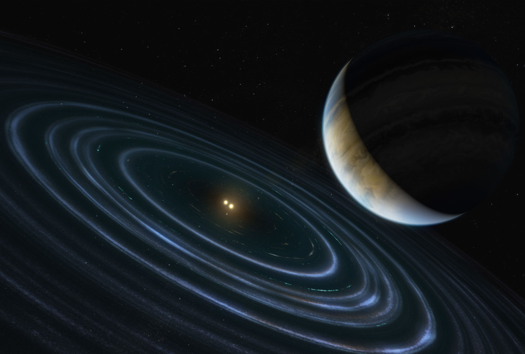 The 11-Jupiter-mass exoplanet called HD 106906 b, shown in this artist's illustration, occupies an unlikely orbit around a double star 336 light-years away. It may be offering clues to something that might be much closer to home: a hypothesized distant member of our solar system dubbed "Planet Nine." This is the first time that astronomers have been able to measure the motion of a massive Jupiter-like planet that is orbiting very far away from its host stars and visible debris disk. ( NASA/M. Kornmesser/ESA/Hubble)