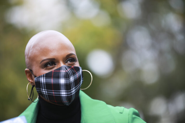 Rep. Ayanna Pressley, D-Mass., speaks to the press after casting her early ballot on Oct. 24, 2020, at the John A. Shelburne Community Center in Boston. (Nicolaus Czarnecki/MediaNews Group/Boston Herald via Getty Images)