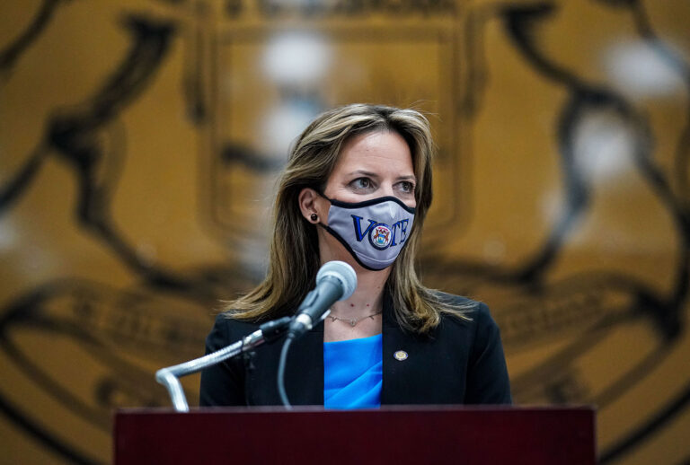 Secretary of State Jocelyn Benson speaks during a press conference at Callidac Place on Monday, Nov. 2, 2020 in Detroit, MI. (Kent Nishimura / Los Angeles Times via Getty Images)