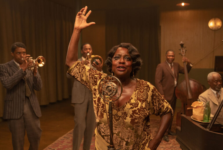 Chadwick Boseman as Levee, Colman Domingo as Cutler, Viola Davis as Ma Rainey, Michael Potts as Slow Drag and Glynn Turman as Toledo, in Ma Rainey's Black Bottom (David Lee/NETFLIX)