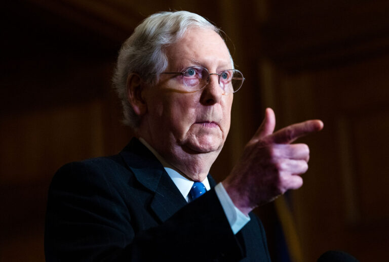 Senate Majority Leader Mitch McConnell (R-KY) talks with reporters following the weekly Republican Senate conference meeting in the Mansfield Room at the U.S. Capitol December 01, 2020 in Washington, DC. The Senate GOP leaders were asked about the chances of Congress passing another coronavirus relief bill along with must-pass government funding legislation. (Tom Williams-Pool/Getty Images)