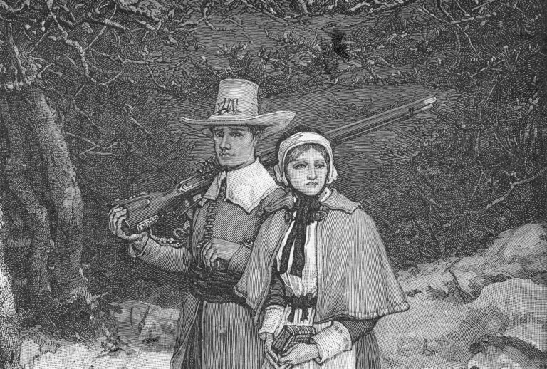 Puritans going to church: (Original Caption) "Thanks be to God for winter time! That bore the Mayflower up, To pour amid New England snows the treasures of its cup, To fold them in its icy arms, those sturdy Pilgrim sires, And weld an iron brotherhood around their Christmas fires." - B.F. Taylor. (Bettman Collection/Getty)